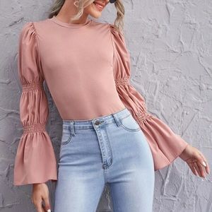 Gathered Flounce Sleeve Slim Top - Pink, Large